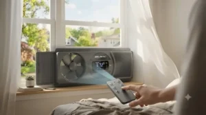 A twin window fan being operated from a distance using an included wireless remote control.