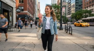 A person holding a lightweight handheld best battery powered fan while walking down a sunny city sidewalk.