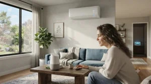 Person using voice commands to adjust the best smart air conditioner via smart home hub.