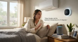 A person using voice commands to adjust the bedroom temperature via a smart AC controller connected to a smart speaker.