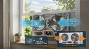 Illustration demonstrating reversible airflow modes for a window fan with thermostat.