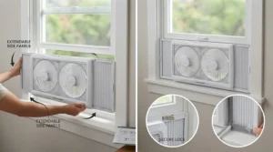 Step-by-step visual guide on how to install a reversible window fan into a standard window frame.