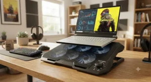 17-inch laptop cooler featuring adjustable fan speed controls to customize airflow based on computer usage.