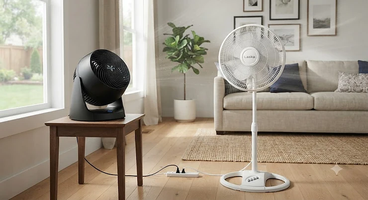 Side-by-side comparison of a modern air circulator and a traditional oscillating fan in a living room. air circulator vs fan