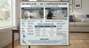 Comprehensive summary infographic highlighting the key differences between an air circulator and a standard fan