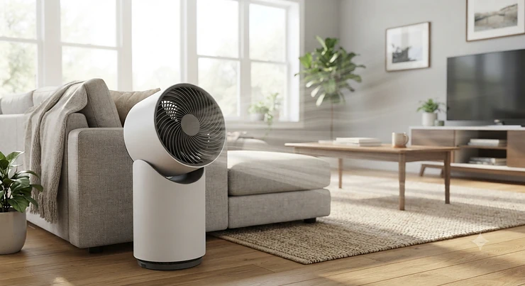 A sleek modern best air circulator fan oscillating in a bright American living room to keep the space cool.