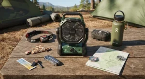 A flat lay display of essential camping gear including a modern battery fan, headlamp, and water bottle.