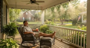 A homeowner relaxing on a porch equipped with a low pressure misting kit during a hot American summer afternoon.