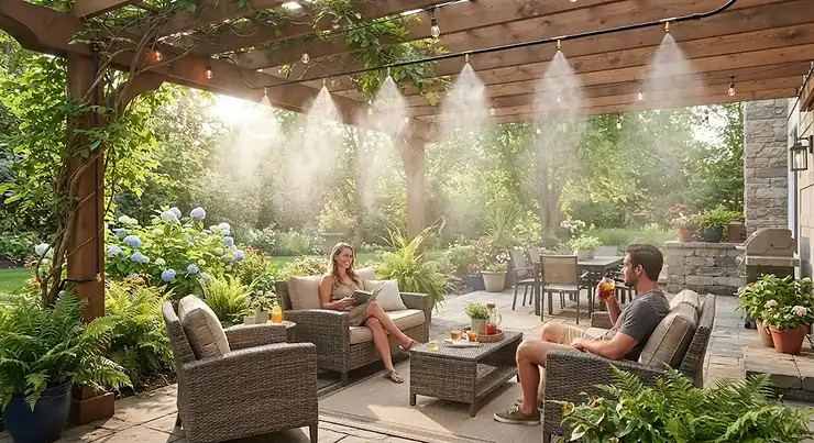 A residential patio area cooled by an efficient best patio misting system on a hot summer day.