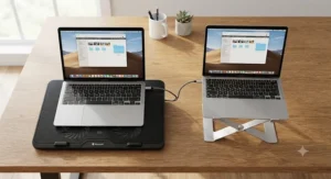 A top-down view comparing a modern quiet laptop cooling pad next to a standard laptop stand.