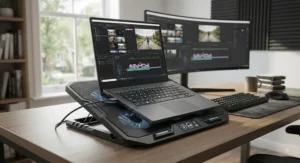 A high-performance USB laptop cooling pad keeping a high-end laptop cool during intensive video editing tasks.