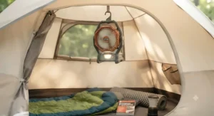 A compact hanging tent fan used as a backup fan for power outage and camping trips.