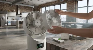 Close-up of a user easily removing the front grille of a best air circulator fan for routine cleaning.