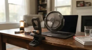 A small clip-on desk fan operating on batteries as a reliable fan for power outage work from home setups.