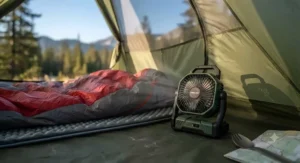 A compact lithium battery fan for camping sitting next to a sleeping bag in a backpacking tent.