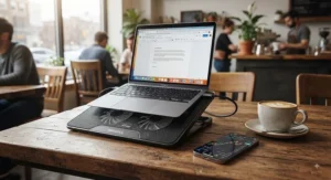A compact mini USB laptop cooling pad sitting on a coffee shop table next to a smartphone and coffee cup.