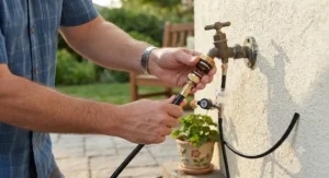 Illustration demonstrating how to attach a garden hose adapter from a DIY patio misting system to an outdoor spigot.