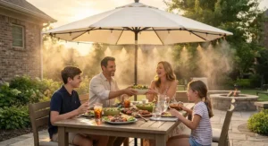 Family enjoying an outdoor meal on a hot summer day under a patio umbrella with a low pressure misting kit.