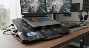 Advanced gaming laptop cooling pad with an LCD screen and fan speed control buttons