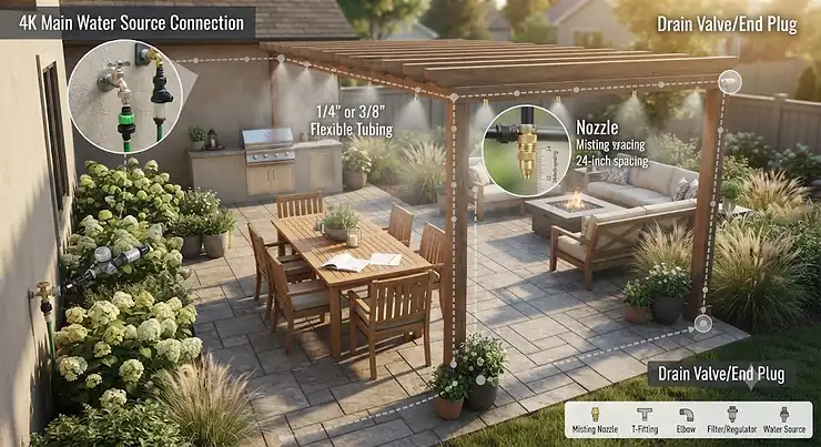 Illustration showing a backyard patio layout for planning a DIY patio misting system installation.