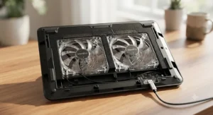 The underside of a quiet laptop cooling pad highlighting its dual silent cooling fans.