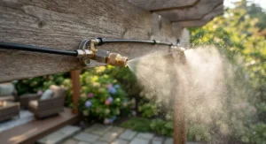 Close-up of a professional-grade patio misting system nozzle installed along a backyard deck pergola.
