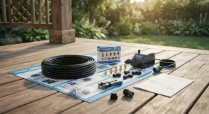 An easy-to-install backyard misting kit showing components laid out before patio mounting.