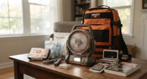 An emergency preparedness kit featuring a battery-powered fan for power outage situations.