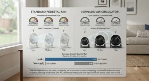 Infographic comparing the energy efficiency and power usage of an air circulator versus a standard fan