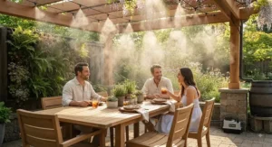 An eco-friendly and energy-efficient patio misting system integrated into an outdoor dining area design.