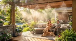 A refreshing fine mist spray emitted from a top-rated patio misting system over a relaxing backyard deck.