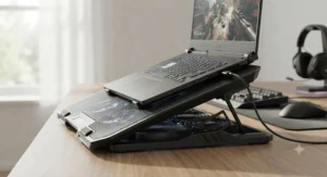 Side profile of an ergonomic gaming laptop cooling pad showing comfortable typing angles