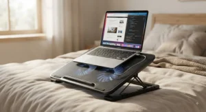 An adjustable laptop cooling pad for bed typing with raised legs to improve ergonomic viewing angles.