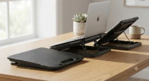 An ergonomic quiet laptop cooling pad showcasing multiple adjustable height settings.