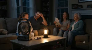 A family staying cool using a portable fan for power outage inside a dimly lit living room.