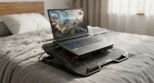 A heavy-duty gaming laptop cooling pad for bed supporting a large performance laptop with high airflow.