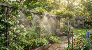 A lush backyard garden equipped with a low pressure misting kit to keep plants hydrated and the air cool.
