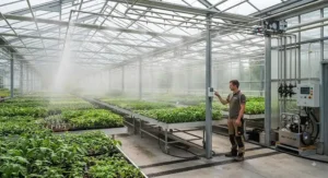 A high pressure misting system maintaining optimal humidity levels inside a professional greenhouse