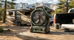 A heavy-duty battery powered fan for camping and RV use sitting on a wooden tailgate.