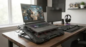 Heavy-duty cooling pad supporting a large 17-inch gaming laptop during intense gameplay
