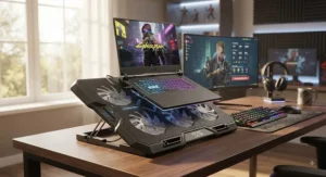 A heavy-duty gaming laptop cooling pad equipped with multiple high-speed fans and adjustable height settings.