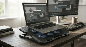 A large-sized best laptop cooling pad securely holding a 17-inch workstation laptop during heavy rendering.
