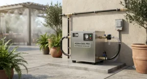 Illustration of a high-pressure misting pump unit powering a restaurant outdoor cooling system.