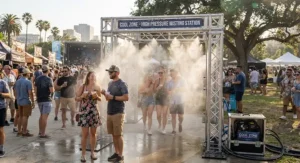 People attending an outdoor summer event staying cool near a high pressure misting system station