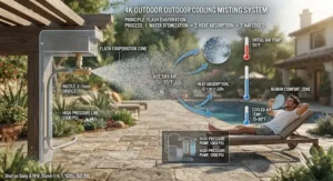Diagram showing how a high pressure misting system lowers outdoor temperatures through flash evaporation