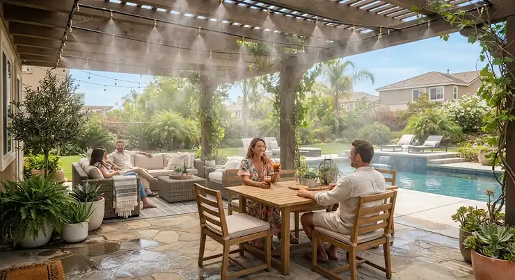 A high pressure misting system cooling a backyard patio area on a hot summer day