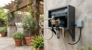 High pressure misting system pump unit mounted on a wall for residential or commercial use