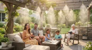A family enjoying their backyard space comfortably under a high-pressure patio misting system.