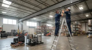 Professional installation of a high pressure misting system in an industrial warehouse setting