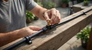 Close-up illustration of threading misting nozzles securely into the main line of a DIY patio misting system.